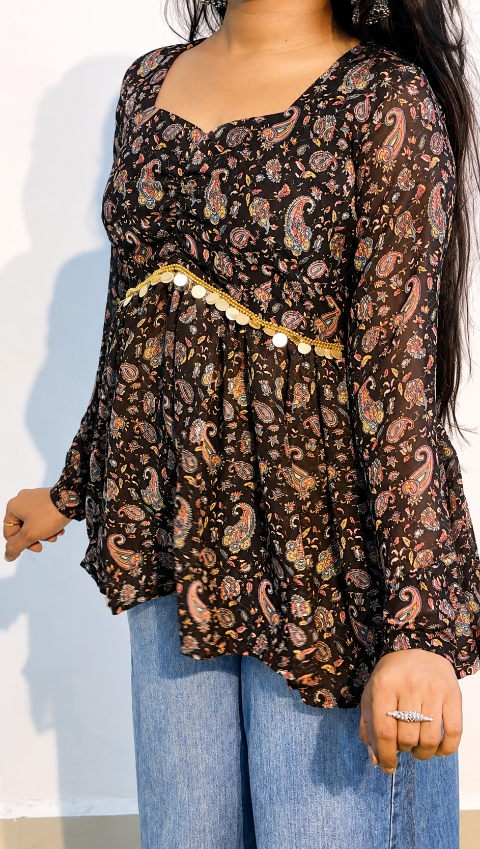 Black Coffee Cooler Top Short Georgette Full Flat Lace Work Full Sleeve Length Kurti