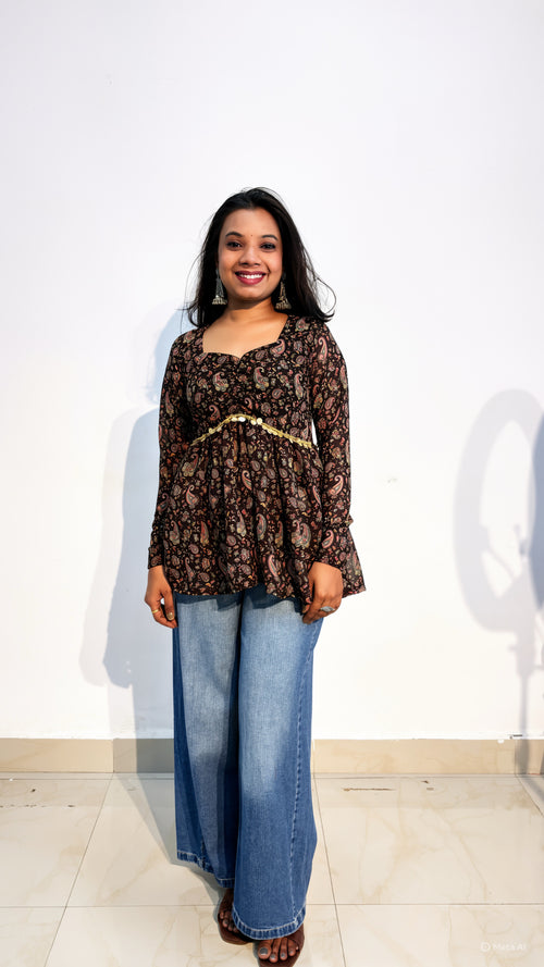 Black Coffee Cooler Paisley Print Georgette Kurti - Full Length View