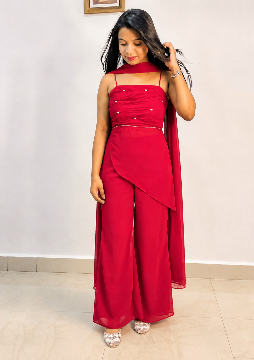 "Red Georgette Drape Kurti with Bell Bottom - Full Look"
