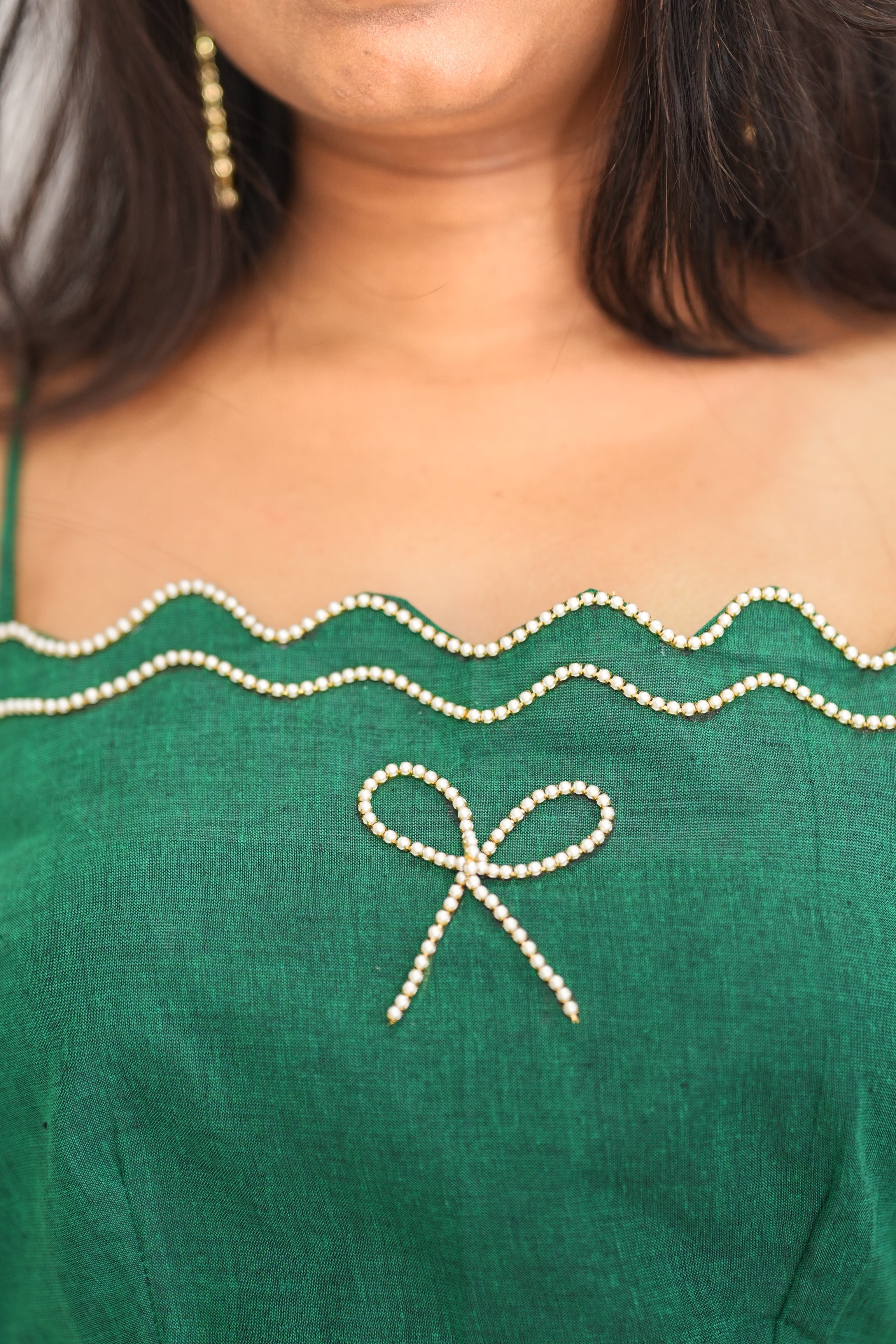 Women's Green Linen Full Flare Lehenga Choli Set | Pearl Handwork
