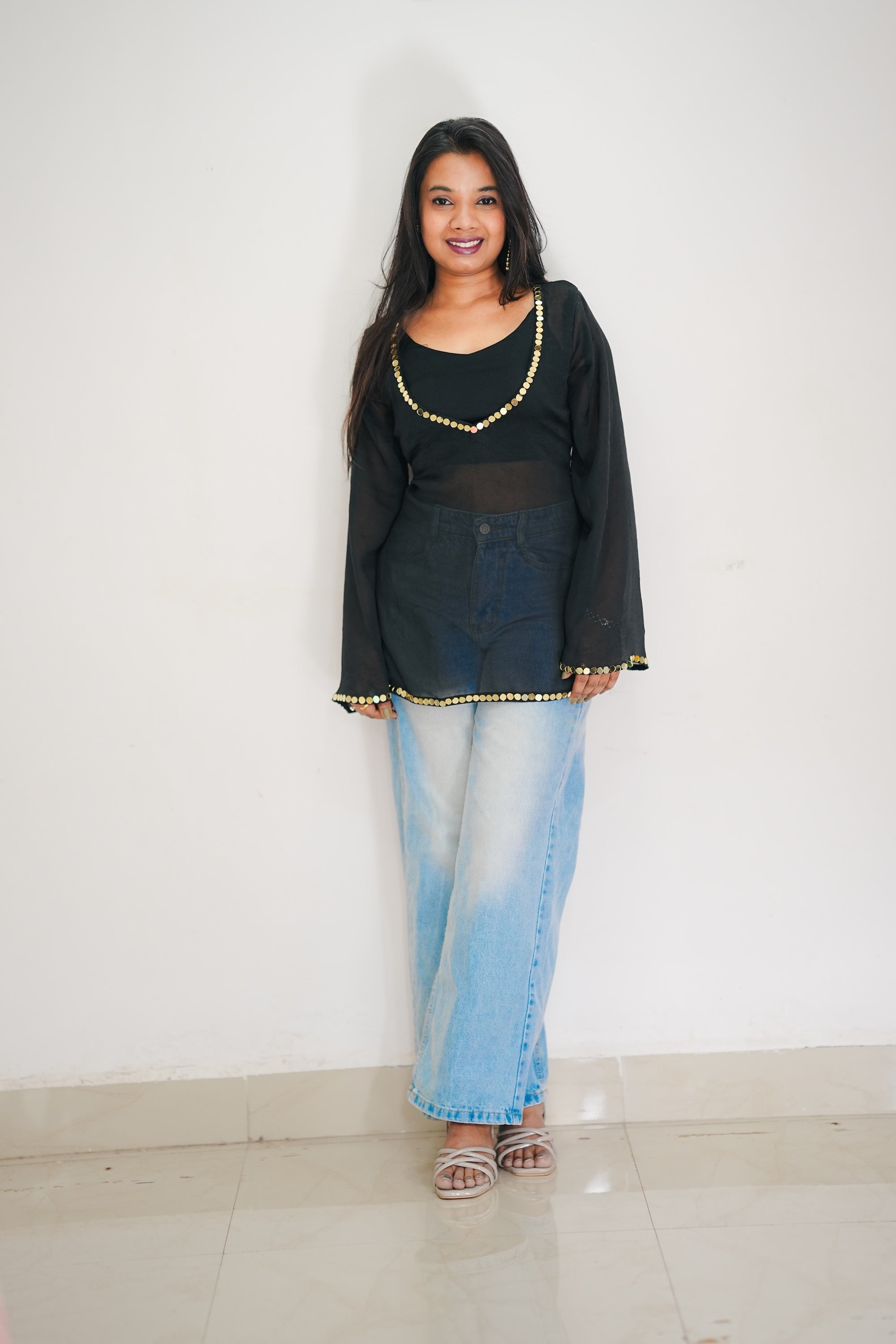 2 Peace Kurti Set Bell Sleeve Mirror Work Neckline