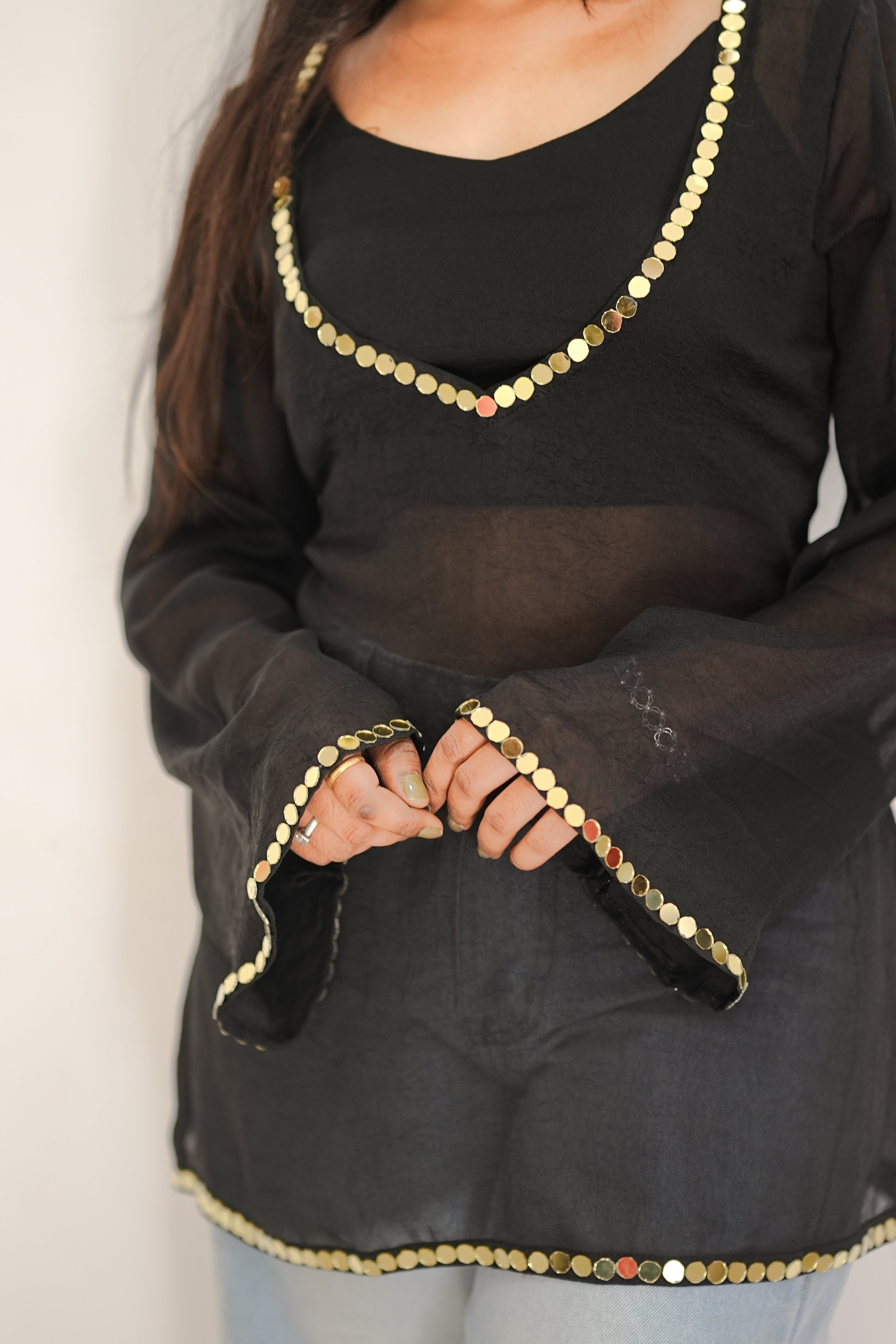 2 Peace Kurti Set Bell Sleeve Mirror Work Neckline