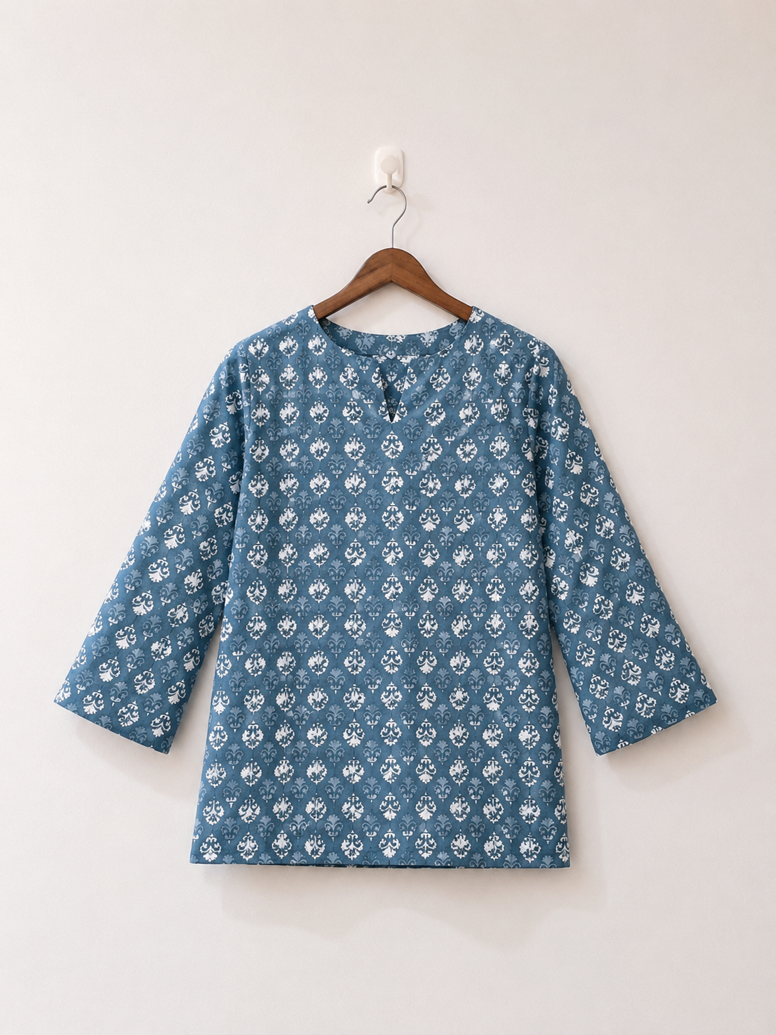 Blue Block Print Kurta - Front View"