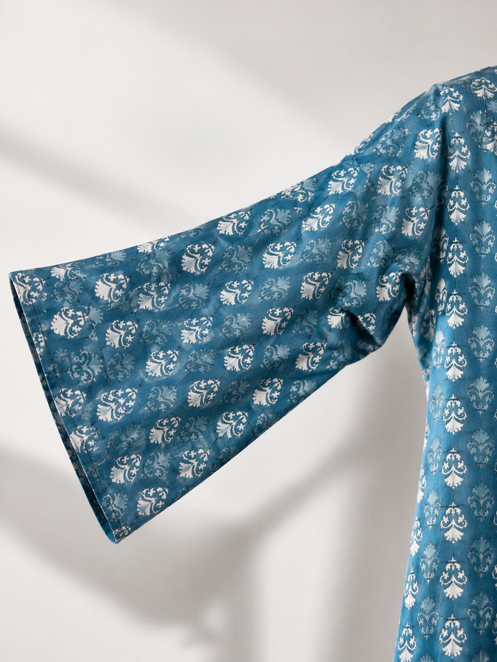 "Blue Block Print Kurta - Bell Sleeve Detail"