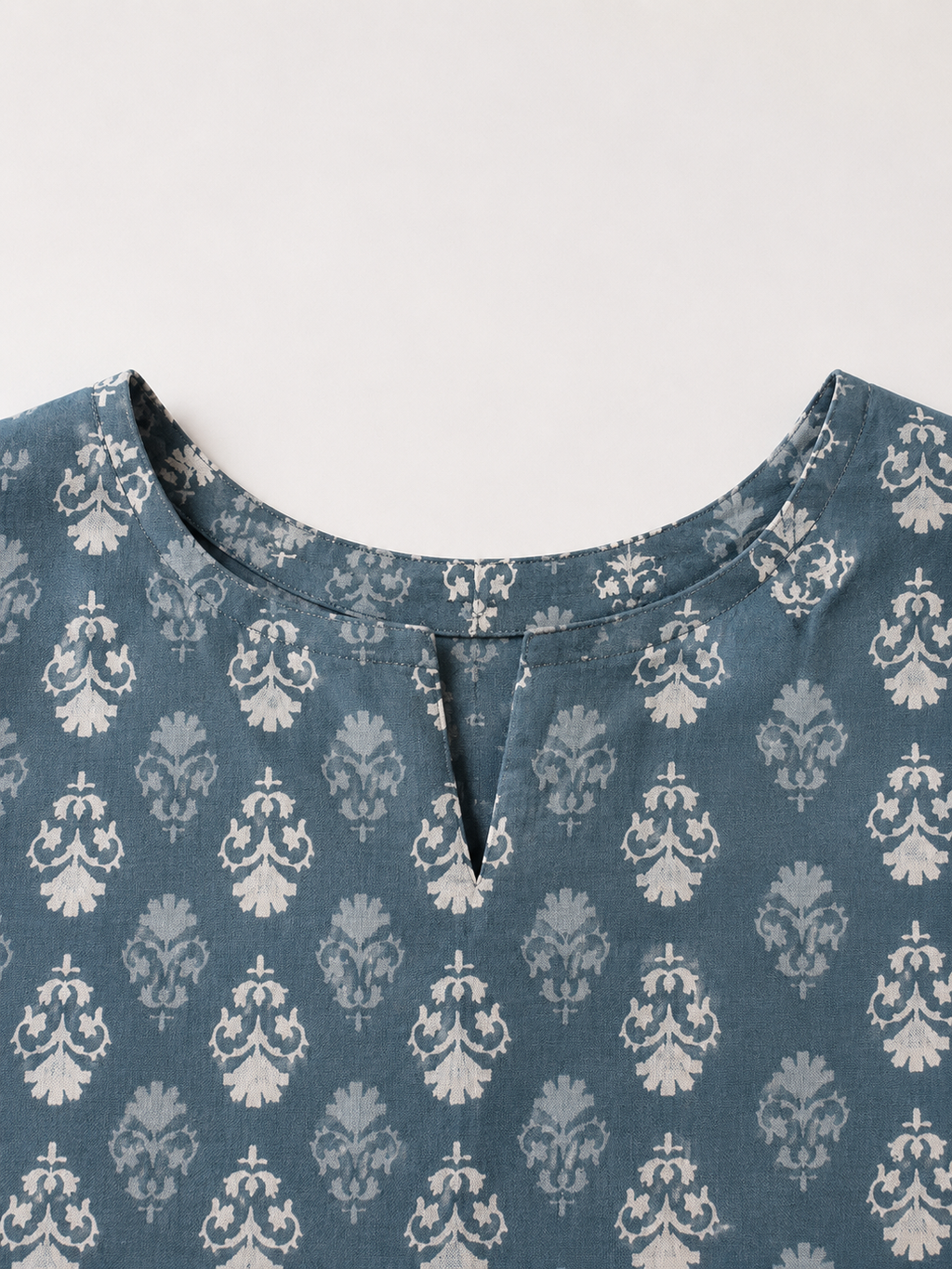 "Blue Block Print Kurta - Neckline Detail"