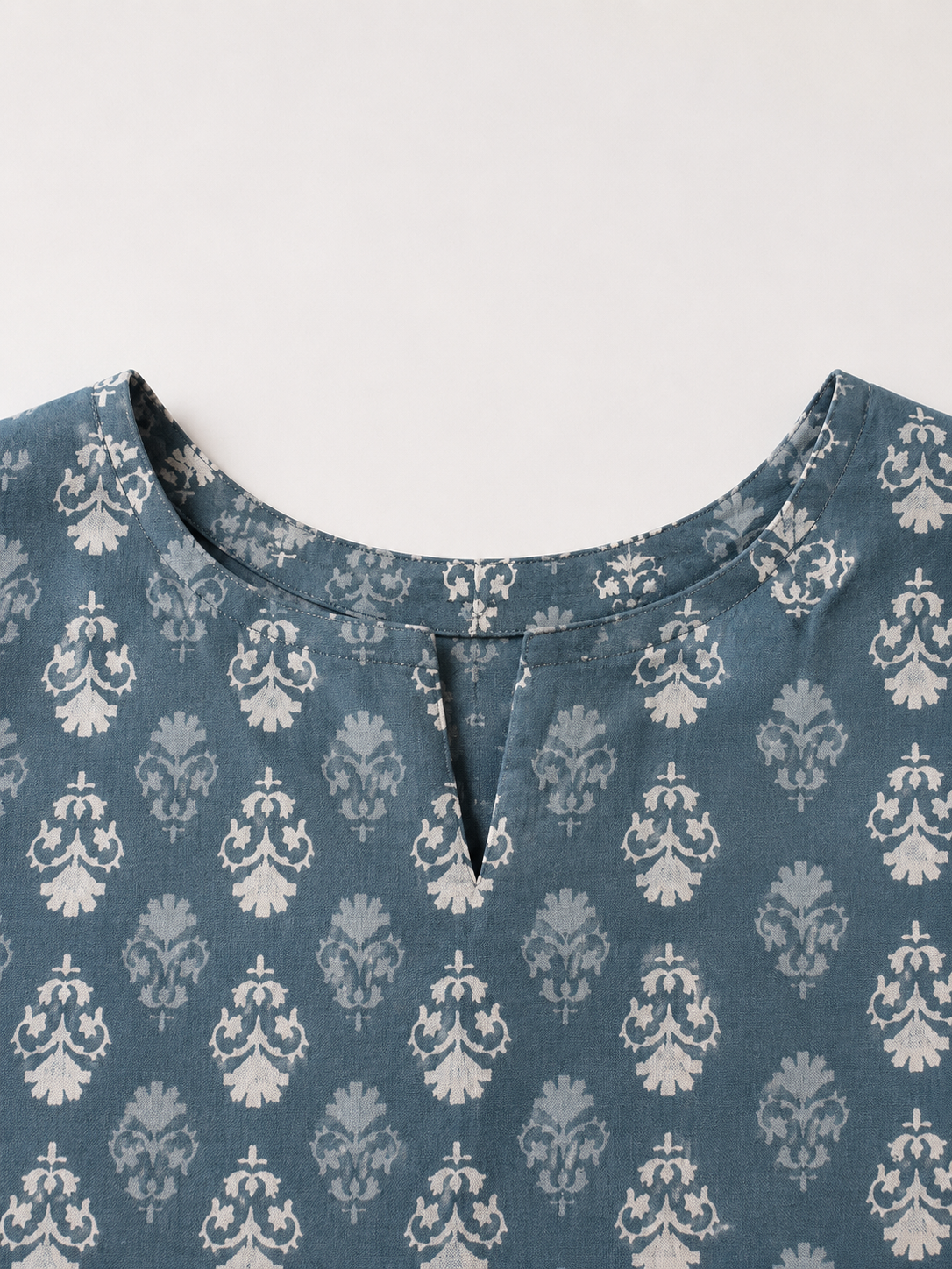 "Blue Block Print Kurta - Neckline Detail"