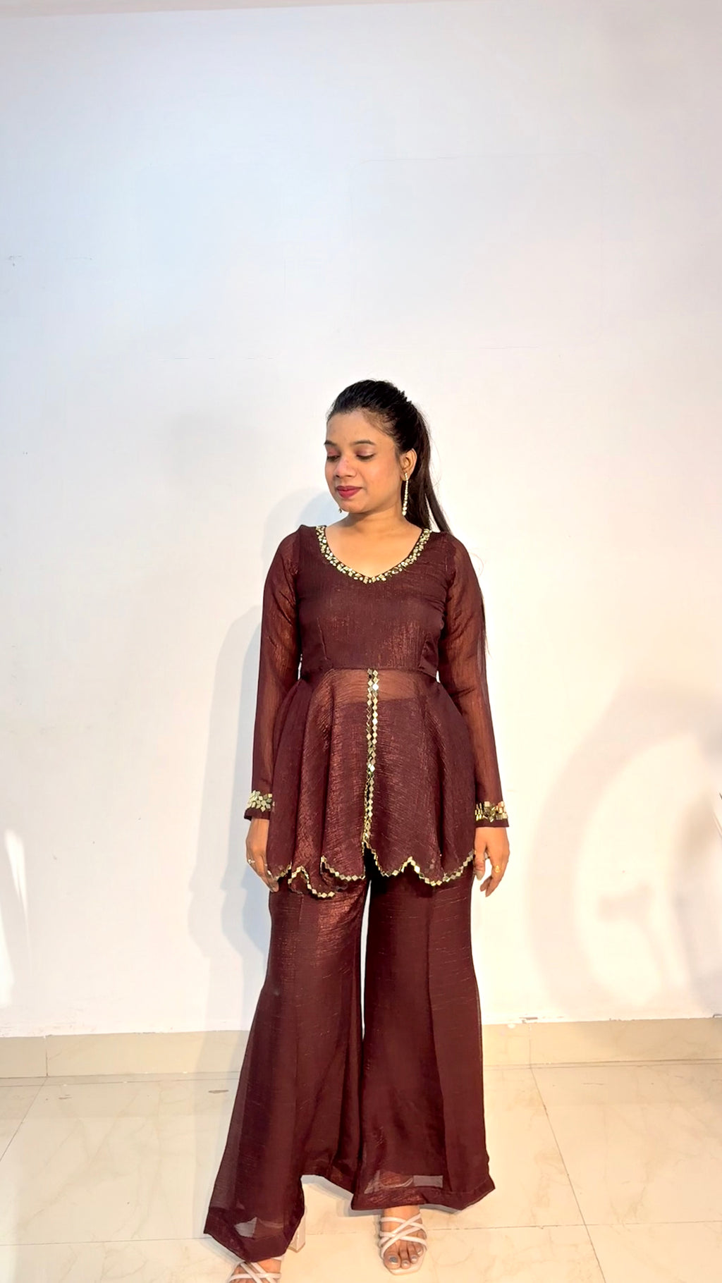 Burgundy Shimmer Peplum Kurta Set