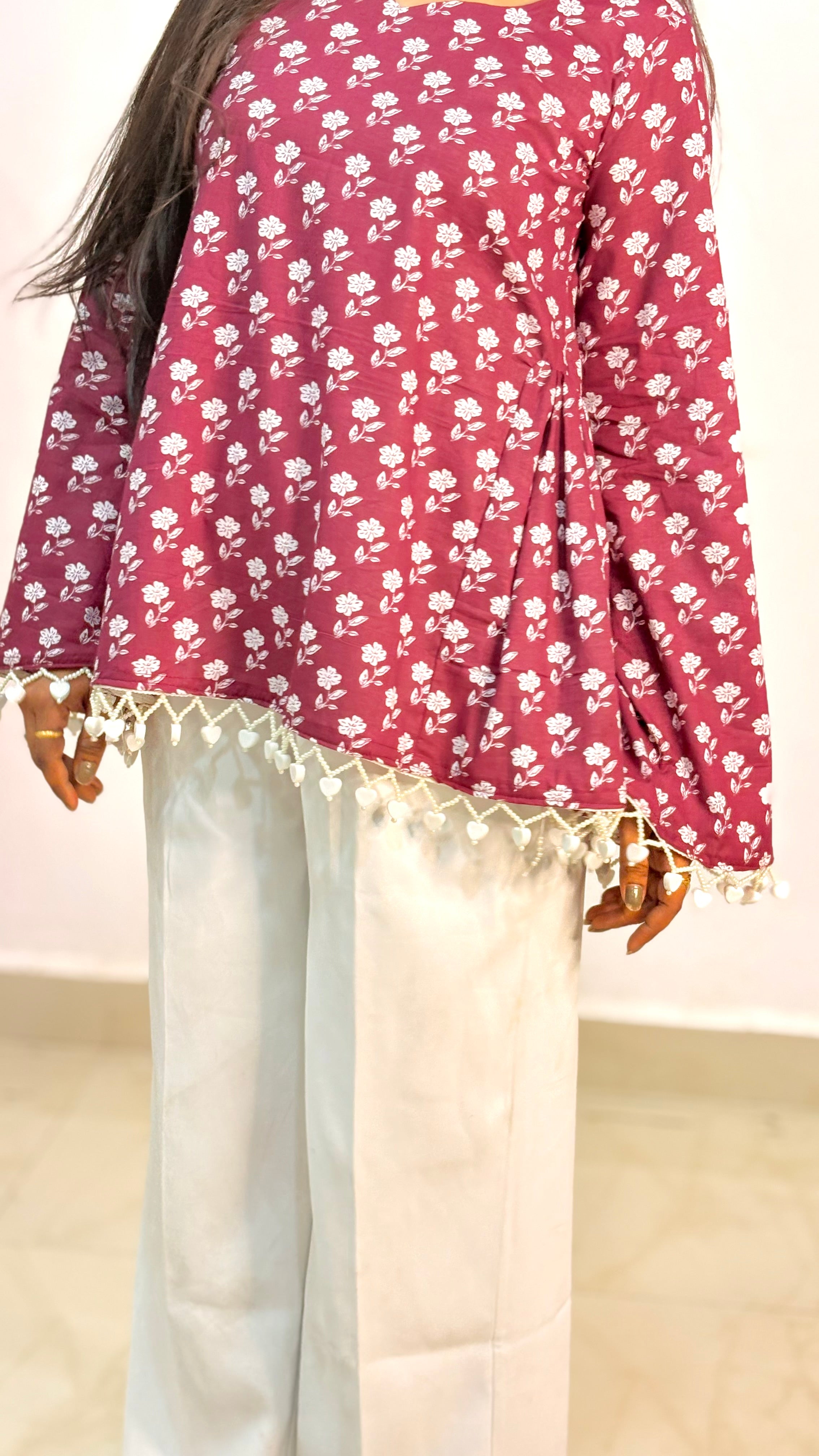 Maroon Floral Bell Sleeve Kurti with Lace
