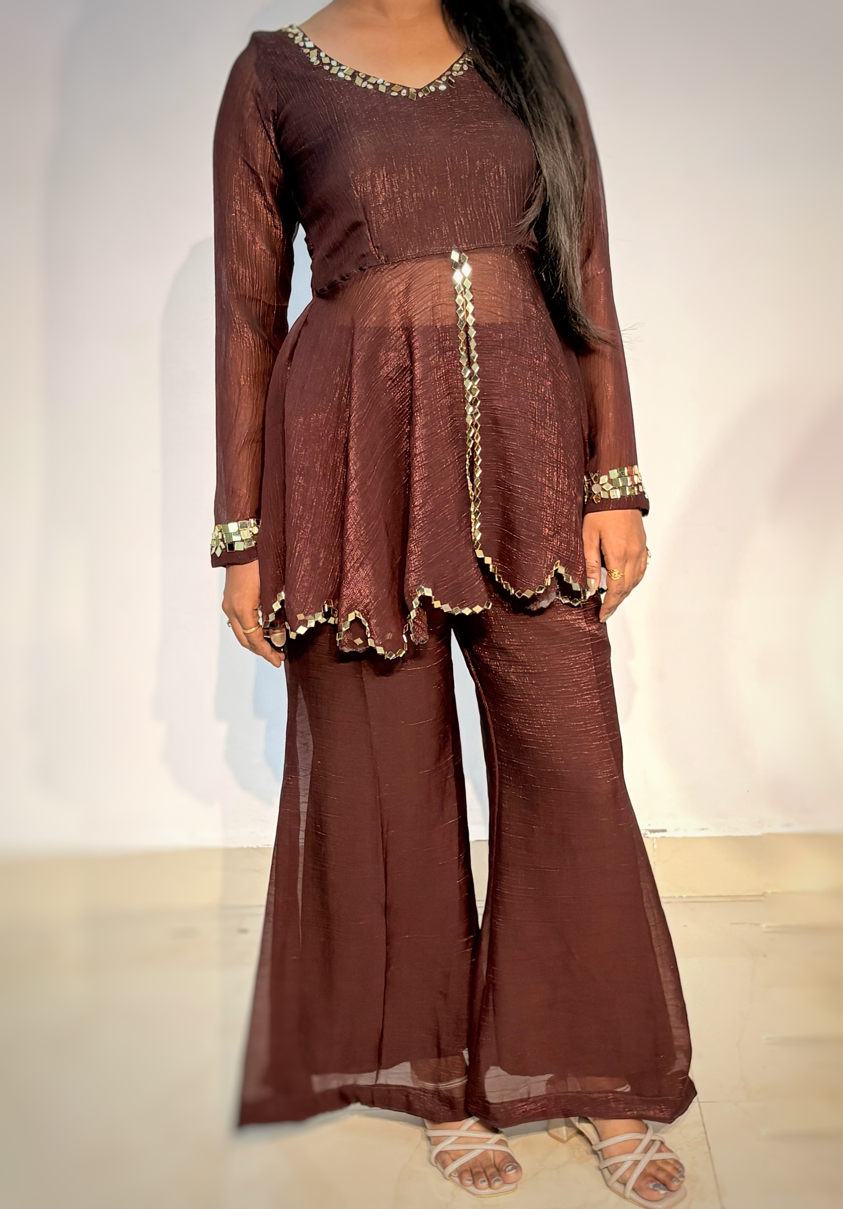 Burgundy Shimmer Peplum Kurta Set